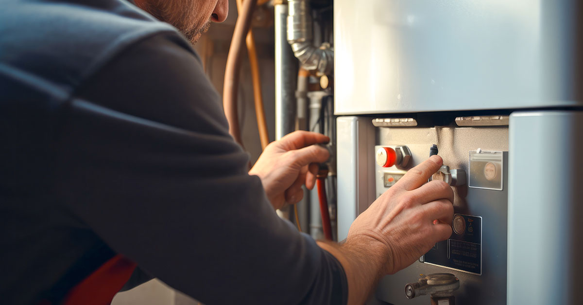 Repairman fixing broken electric boiler or furnace