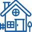 Blue outline icon of a house with a front door, window, circular attic window, roof, and picket fence.