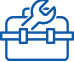 Blue outline icon of a toolbox with a wrench symbol on top.