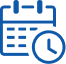 Blue icon of a calendar with a clock in front, representing scheduling or appointment time.