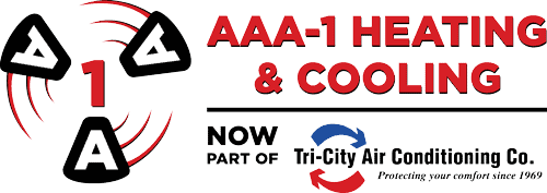 Logo for AAA-1 Heating & Cooling with text stating it is now part of Tri-City Air Conditioning Co.; includes stylized arrows and company tagline.