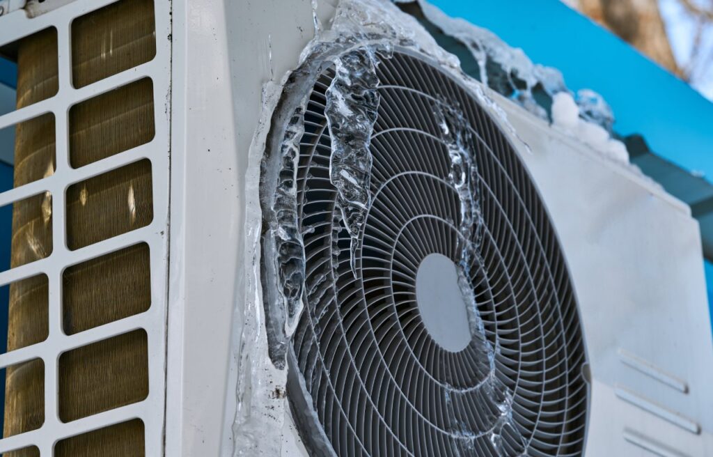 Close-up of an outdoor air conditioning unit with ice buildup on the fan and casing in Carter County, TN.