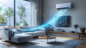 %Focuskw% | Tri-City Air Conditioning Co. Modern living room with a sofa and coffee table in Carter County, TN, showing air flow from a wall-mounted air conditioner above the TV, with sunlight streaming through large windows.