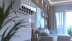 %Focuskw% | Tri-City Air Conditioning Co. A wall-mounted air conditioner is turned on in a modern living room with neutral decor, a sofa, and large windows letting in natural light.